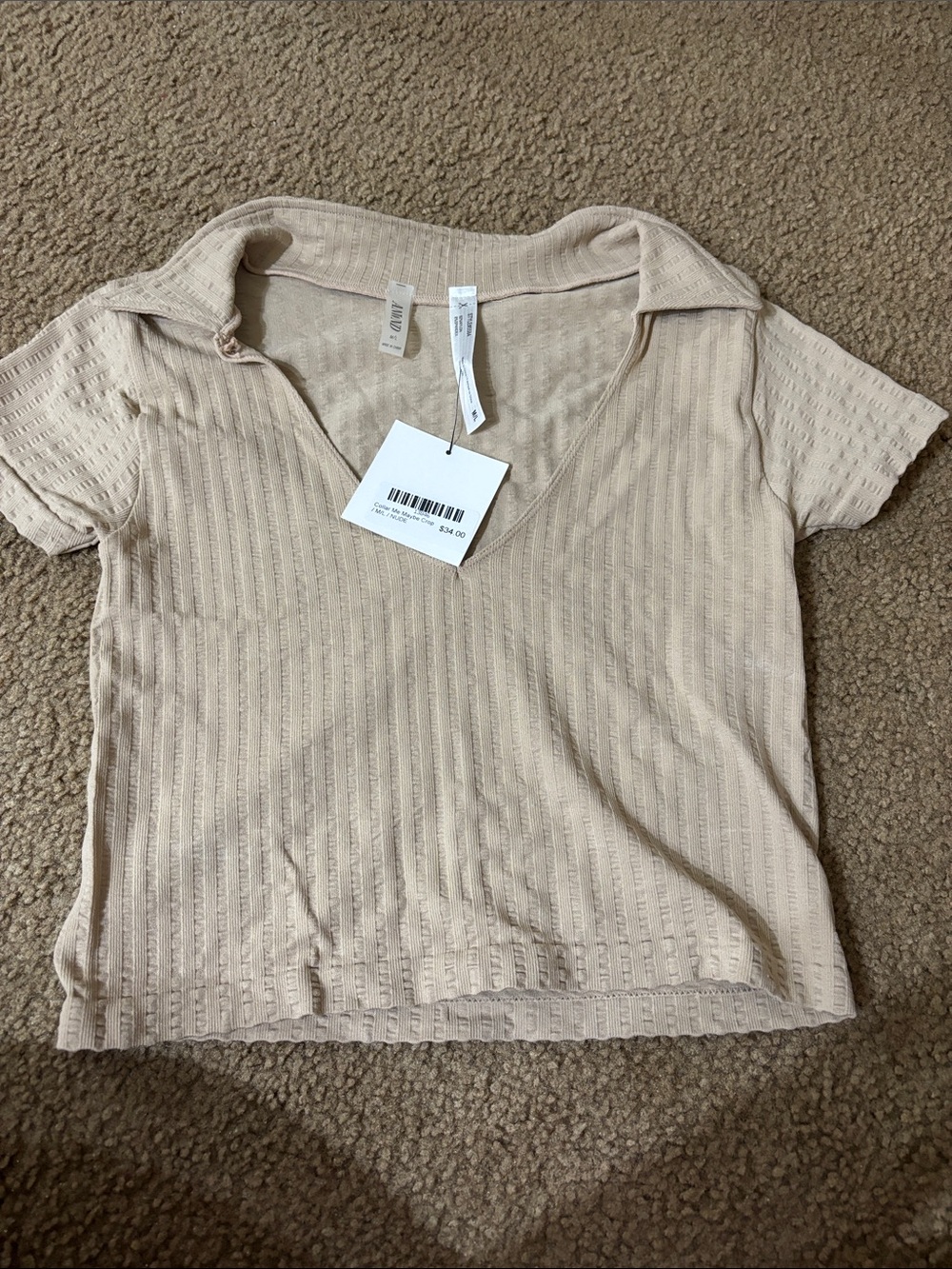 Ribbed Polo Crop Top in Light Beige - Unbranded